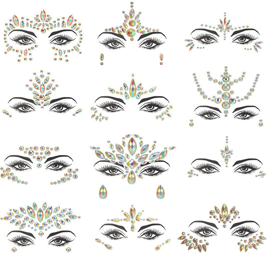 TGANNYOCR 12 Sets Noctilucent Face Jewels Mermaid Rhinestones Stick on Temporary Tattoos Body Jewel Crystal Stickers Luminous Face Gems for Rave Festival Race Carnival Party