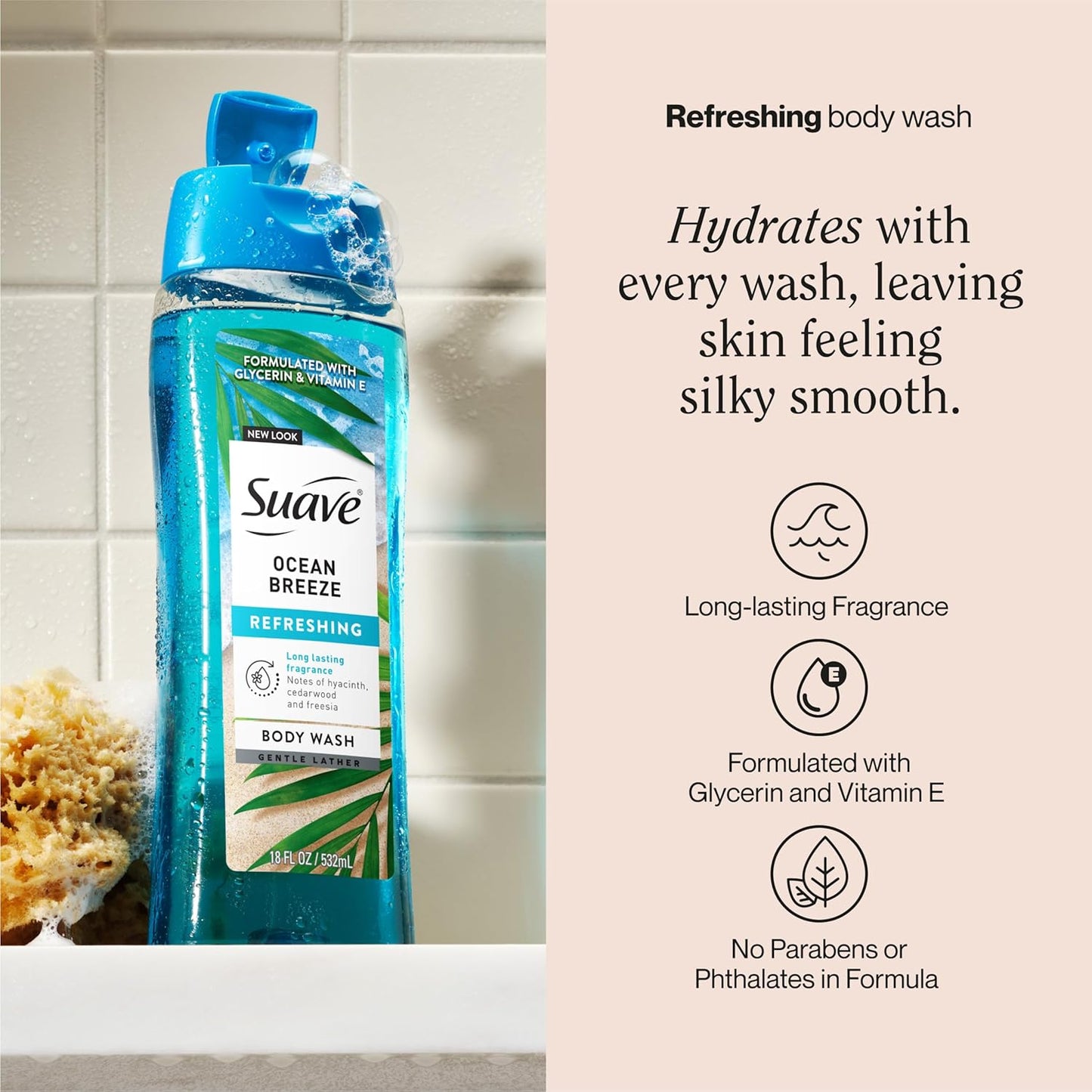 Suave Ocean Breeze Body Wash - Hydrating Formula with Glycerin & Vitamin E | 18 FL OZ, 6 Count