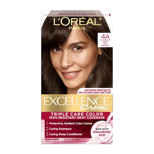 L'Oreal Paris Excellence Crème Permanent Hair Dye, Triple Care Hair Color with Hyaluronic Acid for 100% Gray Coverage, 4A Dark Ash Brown, 1 Kit (Packaging May Vary)
