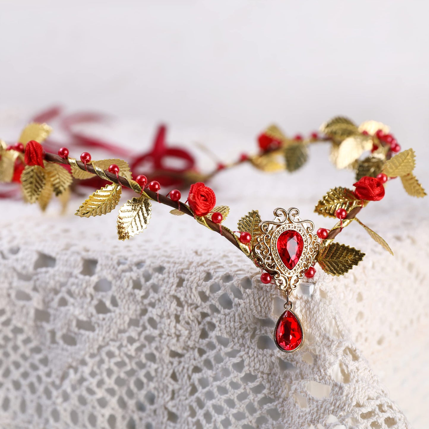 MOSTORY Red Elf Flower Headband - Handmade Fairy Floral Crown Woodland Headpiece Elven Tiara for Women Girls Renaissance Cosplay Photoshoot Easter Carnival