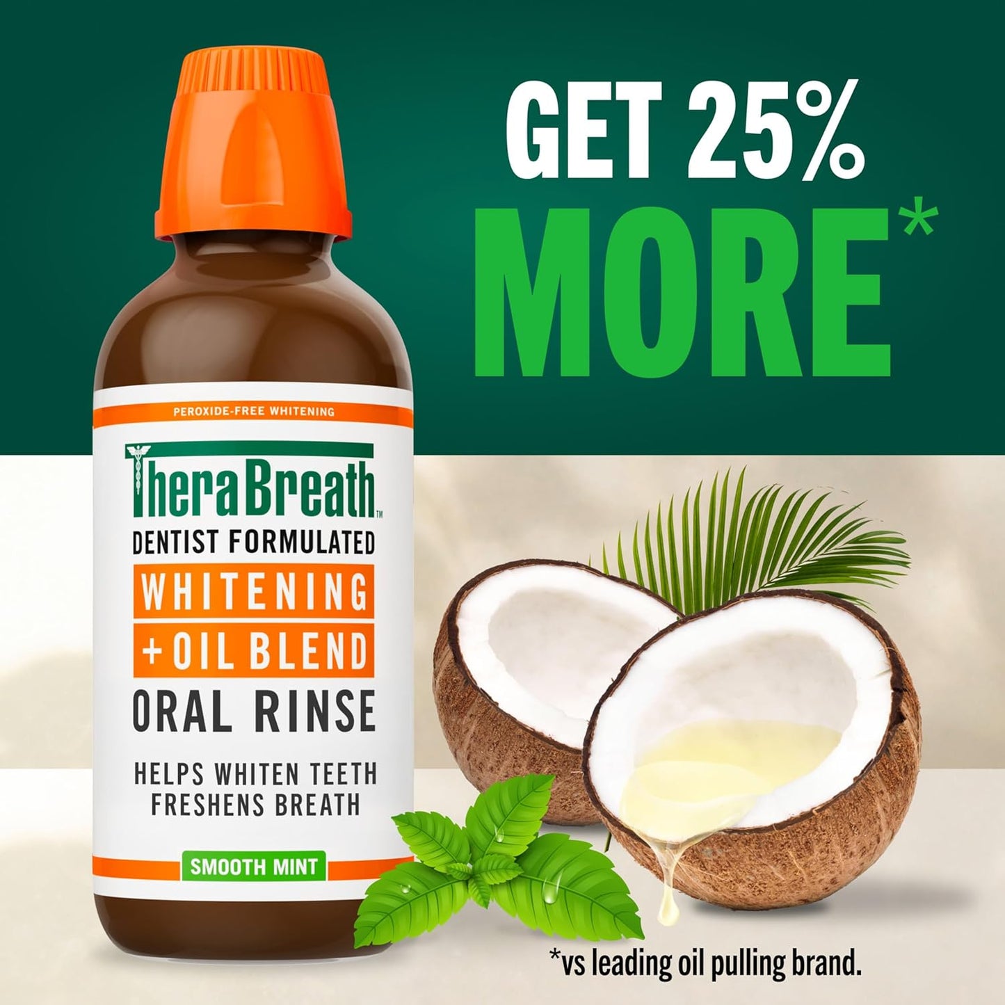 TheraBreath Whitening Mouthwash - Alcohol-Free & Peroxide-Free Oral Rinse, Smooth Mint, 16 Fl Oz