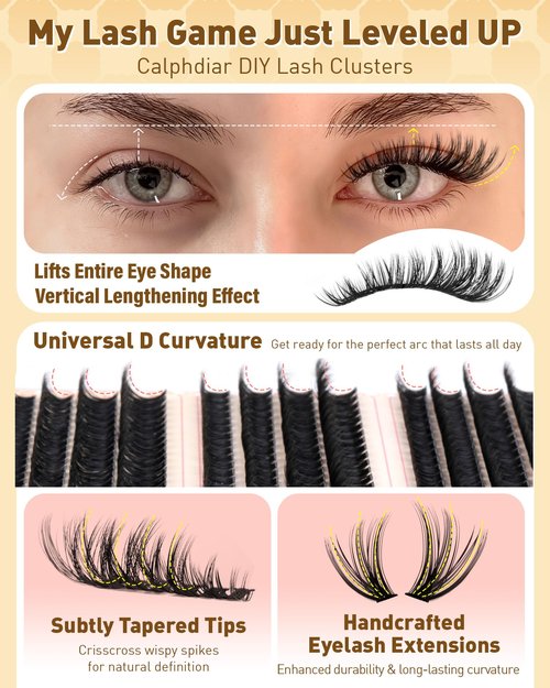 Calphidar Eyelash Clusters 30D+40D+50D+60D+80D+100D, DIY Curly Wispy Individual Natural Lash Extension for Beginners, 476PCS D, 10-16MM