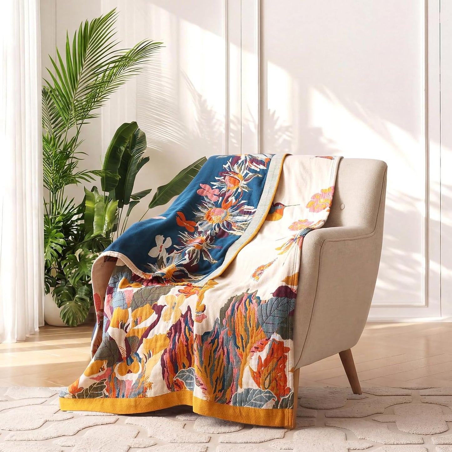 Skiennix Boho Throw Blanket - 100% Cotton, Soft & Breathable, Floral Embroidery | 50"x60" Reversible Sofa Decor
