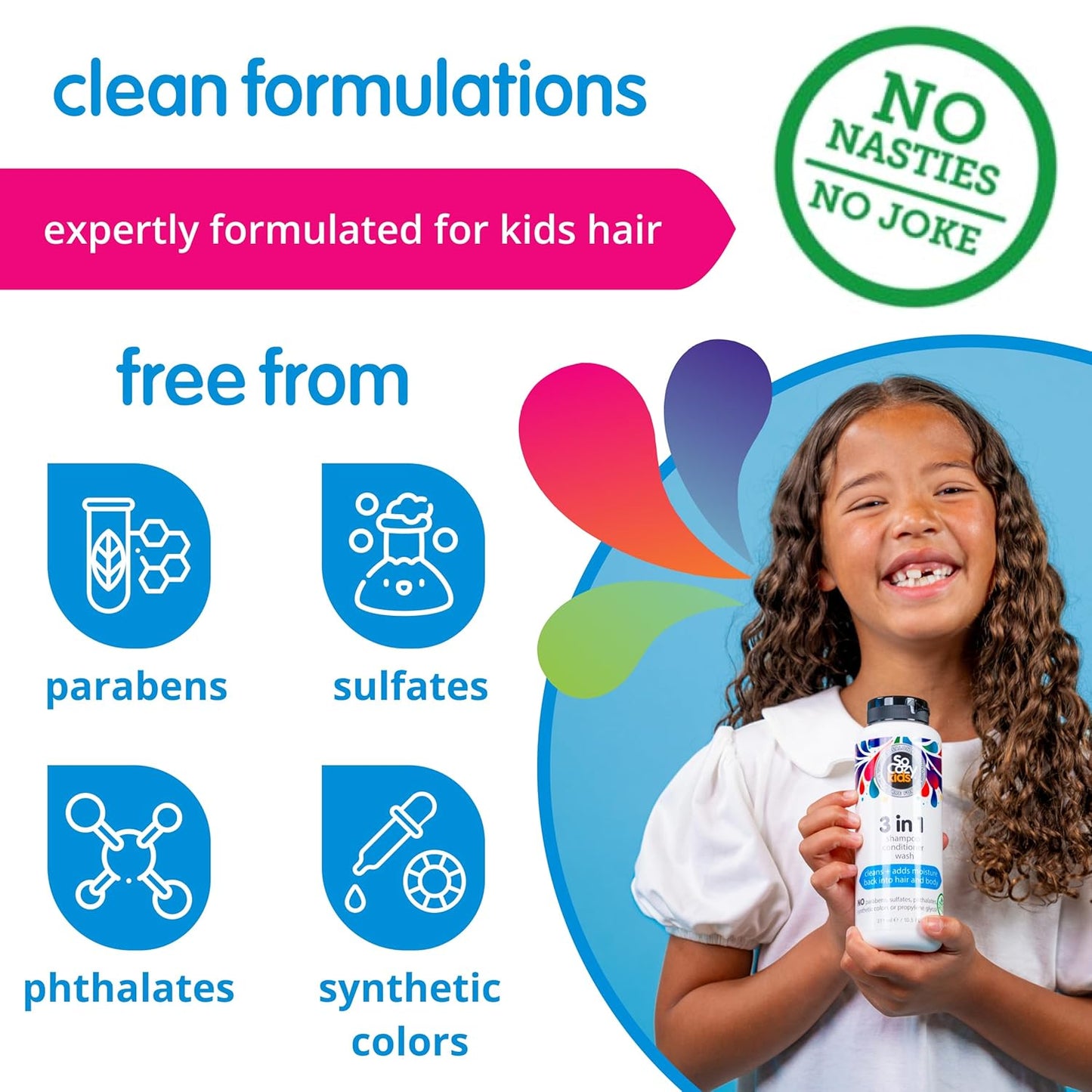 SoCozy 3 in 1 Kids Shampoo | Gentle Hydrating Hair & Body Cleanser with Keratin & Kiwi Extract - 16 Fl Oz
