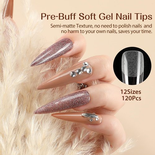 UNA GELLA Stiletto XXL Nail Tips No Need File Extra Long Stiletto Nails Full Cover 120PCS Long Almond Gel Nail Tips Pre-buff Press on Fake Nails for Gel Nail Extension Home DIY Salon 12 Size