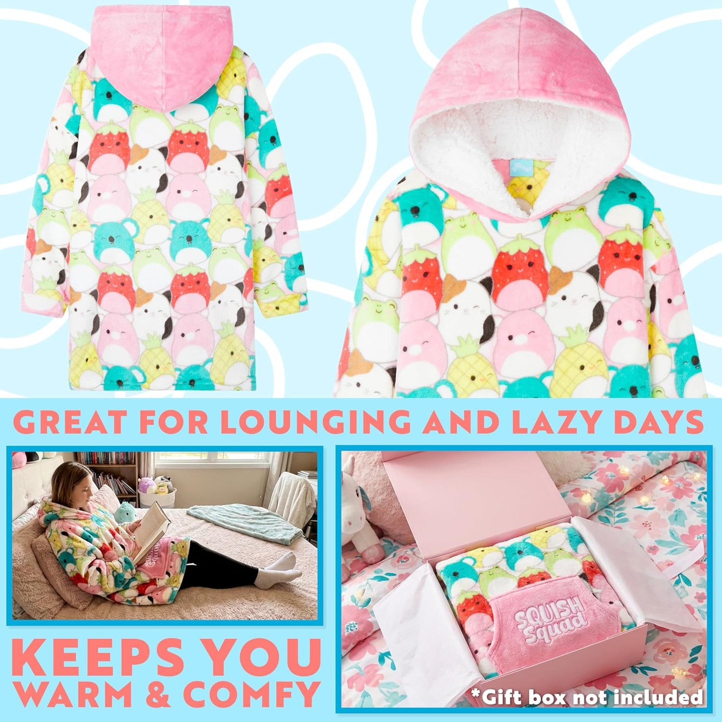 Squishmallows Blanket Hoodie for Girls, Teens, Fleece Oversized Wearable Blanket with Pocket, Cozy Loungewear Gifts for Girls Multi