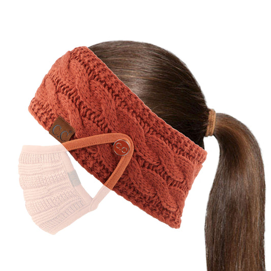 C.C Winter Fuzzy Fleece Lined Thick Knitted Headband Headwrap Epoxy Button for Face Masks (BHW-1) (A Button Cinnamon)