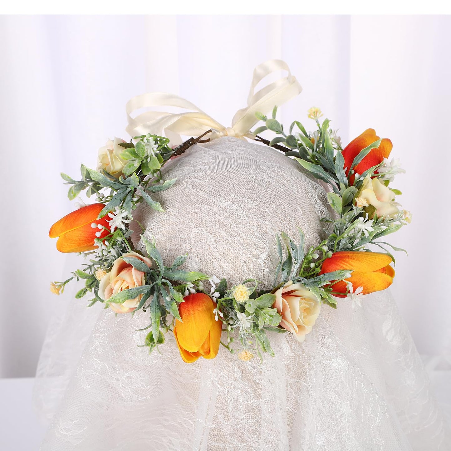 Vivivalue Women Floral Crown Flower Garland Headband Hair Wreath Floral Headpiece Halo Boho with Ribbon Wedding Party Festival Photos