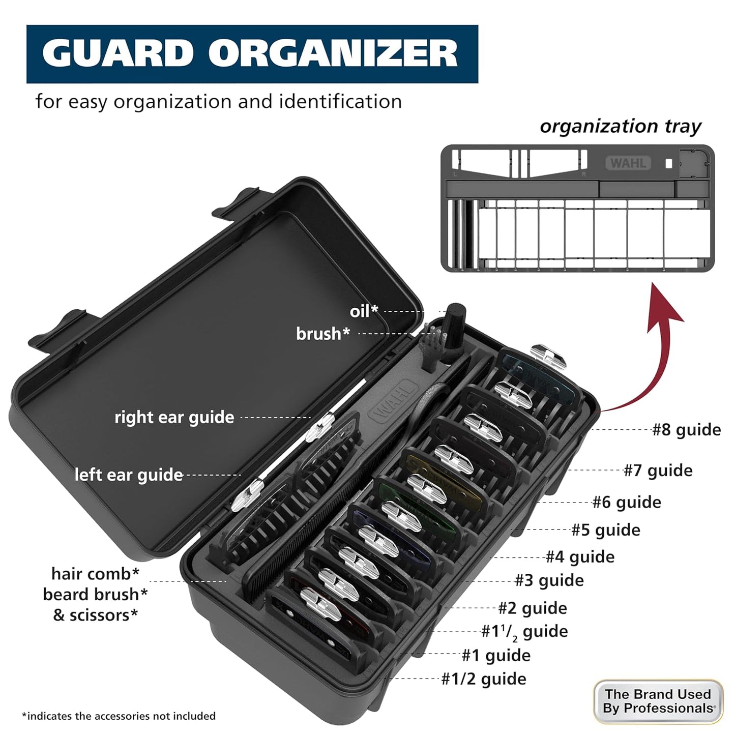 Wahl Genuine SECURE-SNAP® Guide Comb Set - 12 Full Size Attachment Guards with Color Clips & Caddy