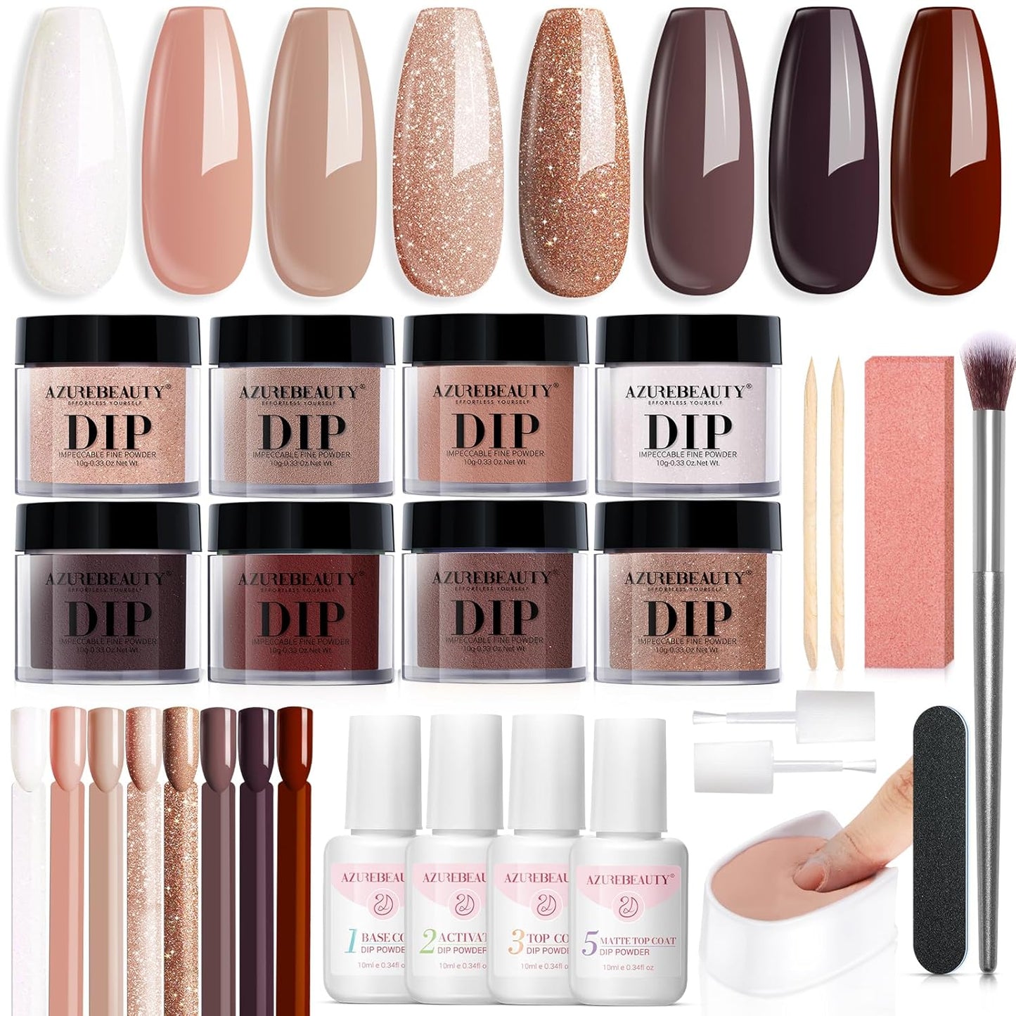 AZUREBEAUTY Dip Powder Nail Starter Kit with Matte Coat, 8 Hot Pink Glitter Neon Summer Color, Dipping Powder Liquid Set with Base/Top Coat/ Activator/10 Nail Sticks Salon at Home
