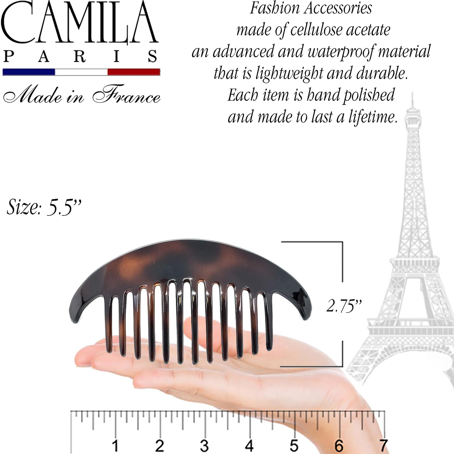 Camila Paris CP2430/2 French Hair Side Combs Tortoise Shell Interlocking Combs French Twist Hair Combs, Strong Hold Hair Clips for Women Bun Chignon Up-Do Styling Girls Hair Accessories Made in France