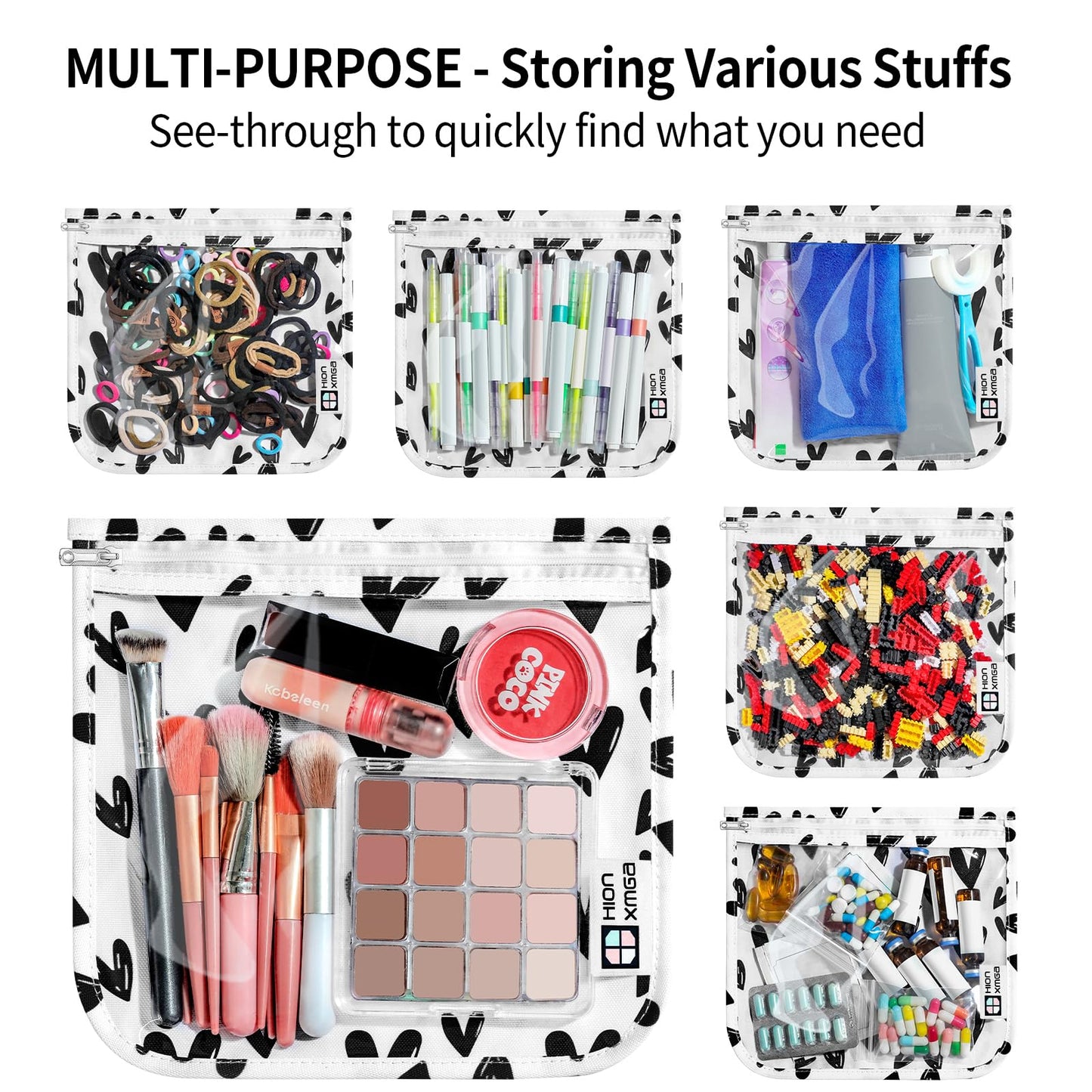 HIONXMGA TSA Approved Toiletry Bag, Set of 3 Clear Travel Toiletry Bag Quart Size Zipper Travel Pouch, Waterproof Makeup Cosmetic Bag for Women Men Kids Toiletries Carry on, Hearts Large