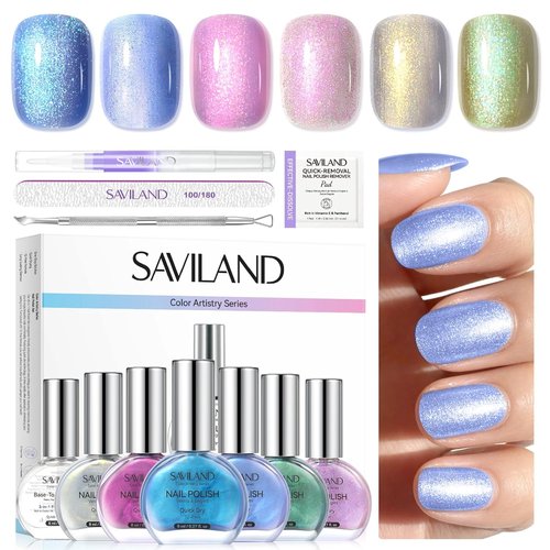 SAVILAND Quick-Dry Nail Polish Kit - 6+1 Colors with 3-in-1 Base, Top Coat & Cuticle Oil | Pearl Glitter Set for DIY Manicure