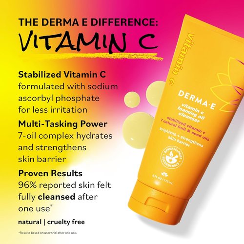 Derma E Vitamin C Foaming Oil Cleanser - 2-in-1 Oil-to-Foam Face Wash, 6 Fl Oz | Brighten & Nourish Skin