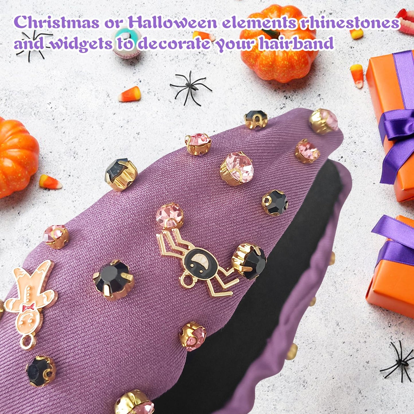 Winmany Halloween Rhinestone Headband Crystal Knotted Beaded Jeweled Headbands for Women Ghosts Pumpkin Charm Candy Corn Top Hairband Halloween Costume Hair Accessories (Purple)