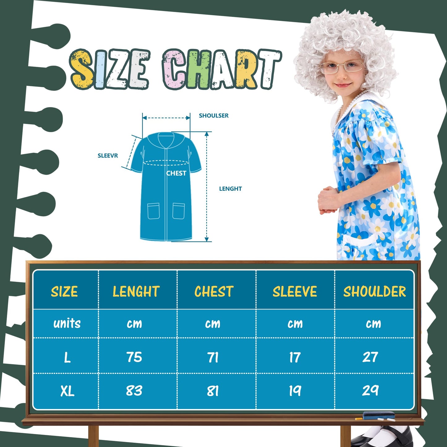 Joy Bang 100 Days of School Costume for Kids Girls, Old Lady Wig for Kids, Old Lady Costume, 100th Day of School Dress Up Cosplay, Pretend to be Grandma Costumes, XL