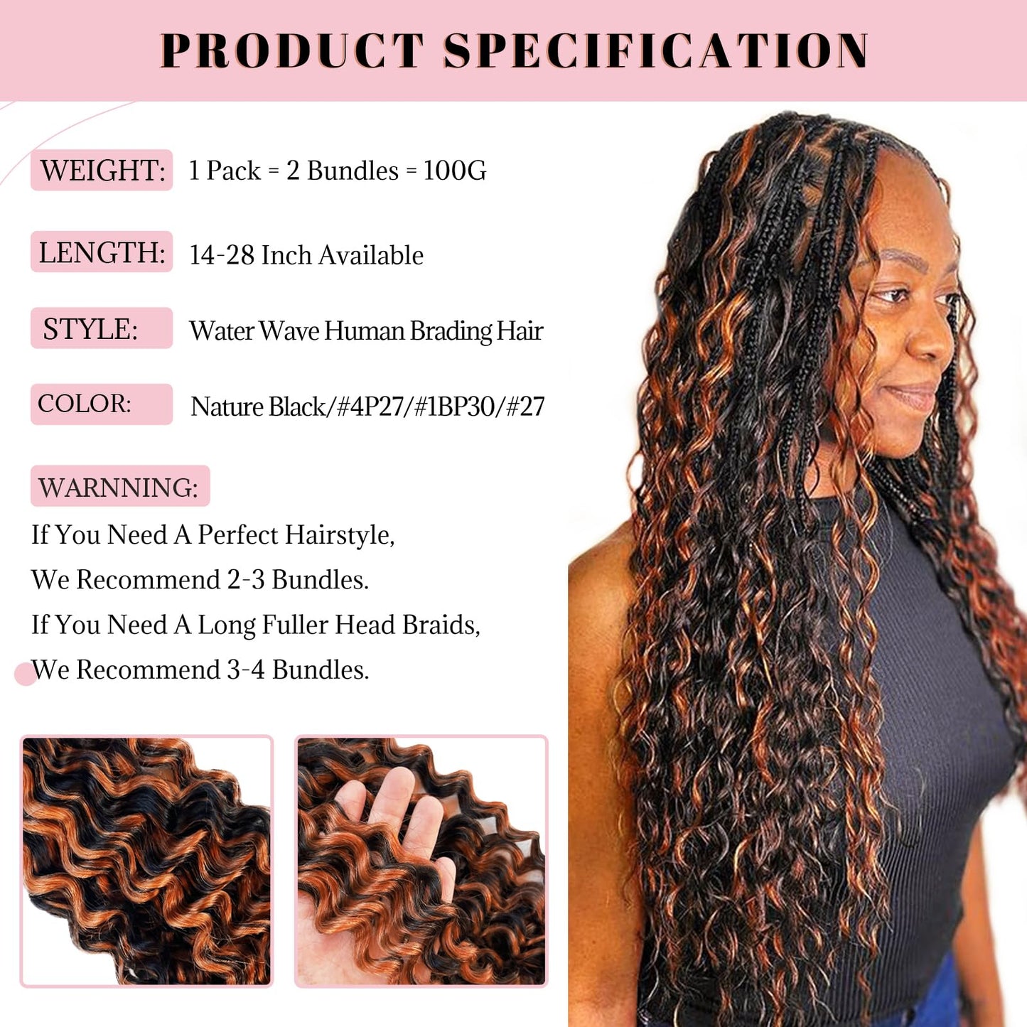 Ombre Brown Human Braiding Hair 20 Inch 100g Highlight 1b/30 Deep Water Wave 2 Bundles Bulk Human Hair for Braiding Curly Hair Extensions for Boho Braids Knotless Wet and Wavy Human Braiding Hair