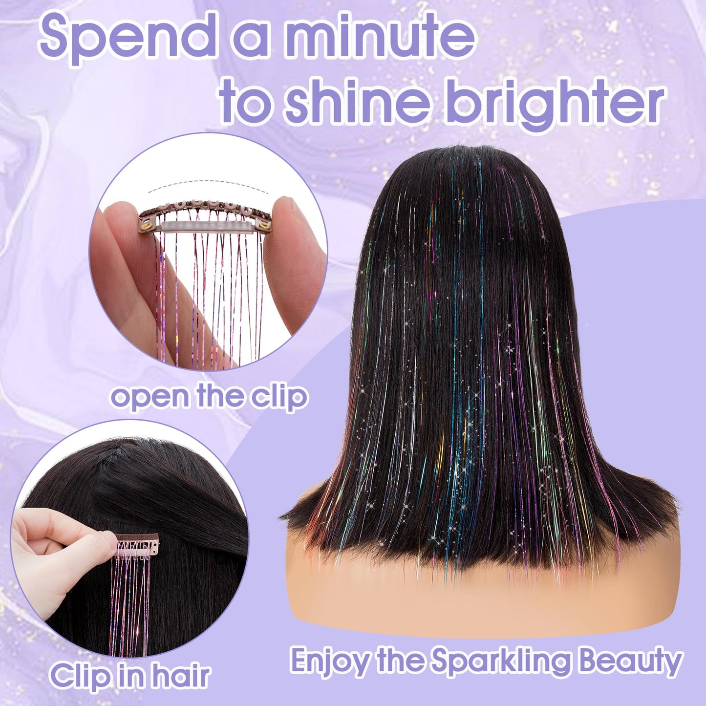 Benehair 6 PCS Clip in Hair Tinsel Kit, Colored Glitter Tinsel Hair Extension Heat Resistant, Sparkling Hairpieces Fairy Hair Dazzle Hair Tinsel Christmas New Year Party for Women 20 Inch (Light Pink)