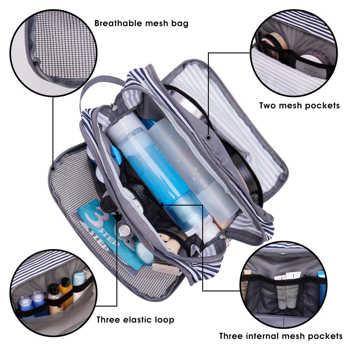 Toiletry Bag for Men Hanging Dopp Kit Water Resistant Shaving Bag Small Toiletry Bag for Traveling (Blue Stripe)