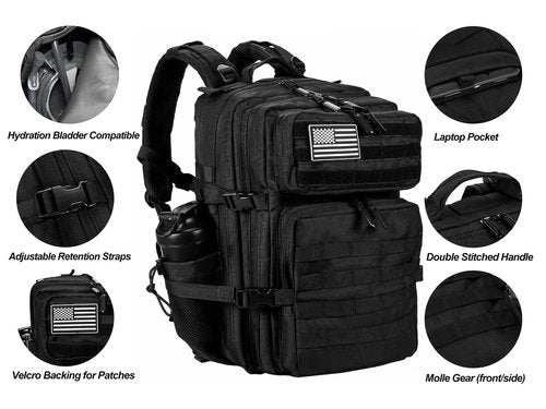 LHI Military Tactical Backpack for Men and Women 45L Army 3 Days Assault Pack Bag Large Rucksack with Molle System - Black