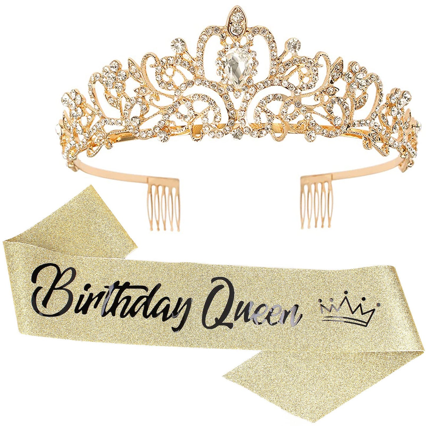 COCIDE "Birthday Queen" Sash and Crystal Tiara Set Tiara and Crowns for Women Birthday Gift for Girl Kit Decorations Set Rhinestone Hair Accessories Glitter Stain Silk Sash for Party