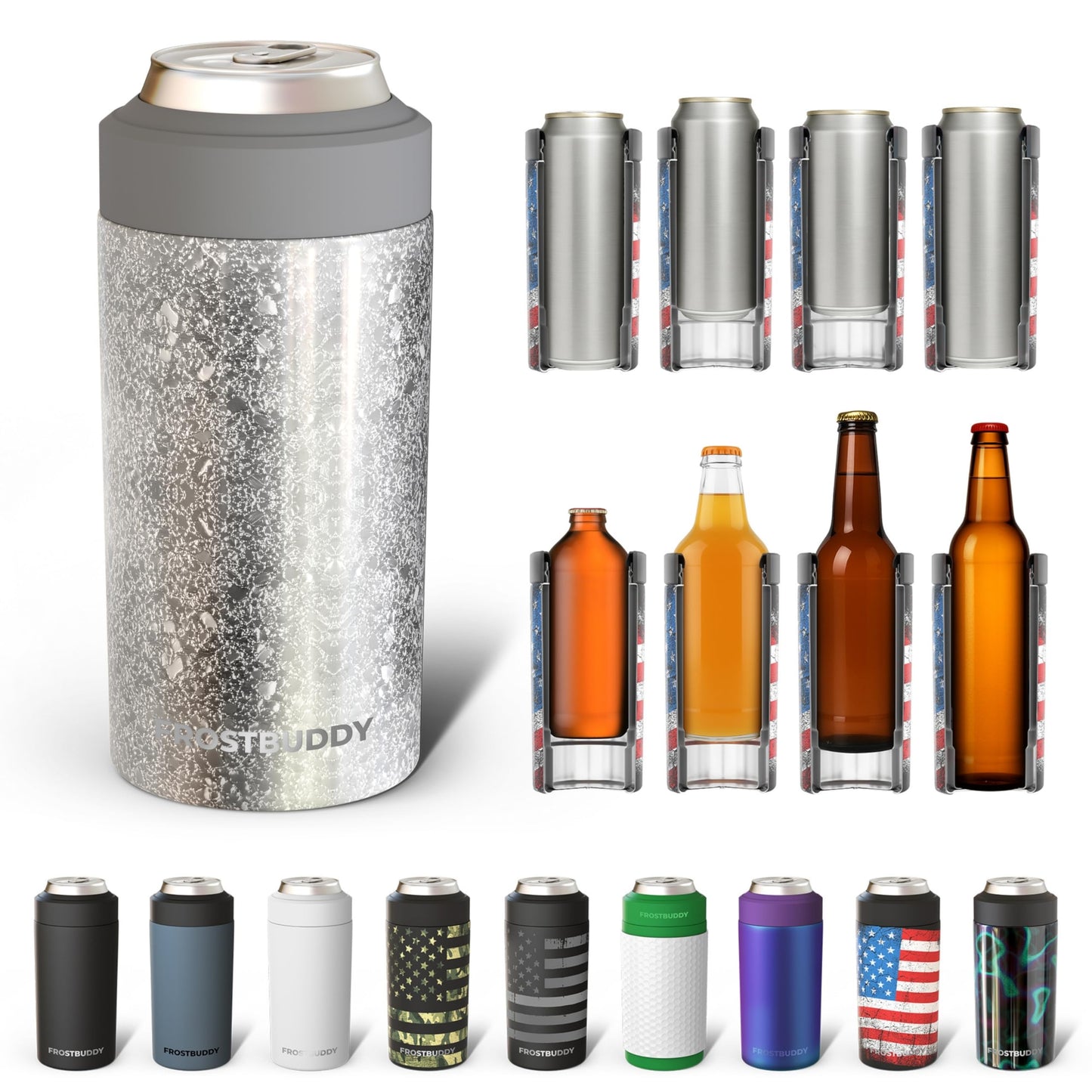 Frost Buddy Universal Buddy Can Cooler - Fits All - For Regular 12 & 16 oz or Slim-Size Bottles - Insulated Double -Walled Stainless Steel (All white)