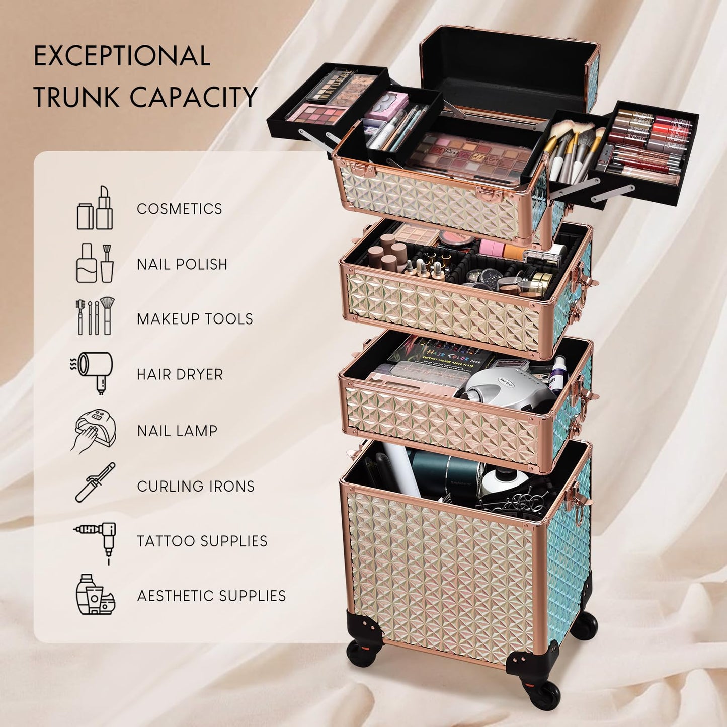 Stagiant Rolling Makeup Train Case Large Storage Cosmetic Trolley 4 in 1 Large Capacity Trolley Makeup Travel Case with Key Swivel Wheels Salon Barber Case Traveling Cart Trunk Shiny Rose Gold