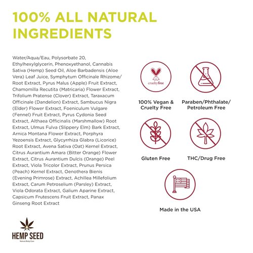 Hemp Seed Body Mist by Skiennix - Moisturizing & Invigorating Formula with Hemp Seed Oil, Chamomile & Aloe Vera - Vegan & Cruelty-Free