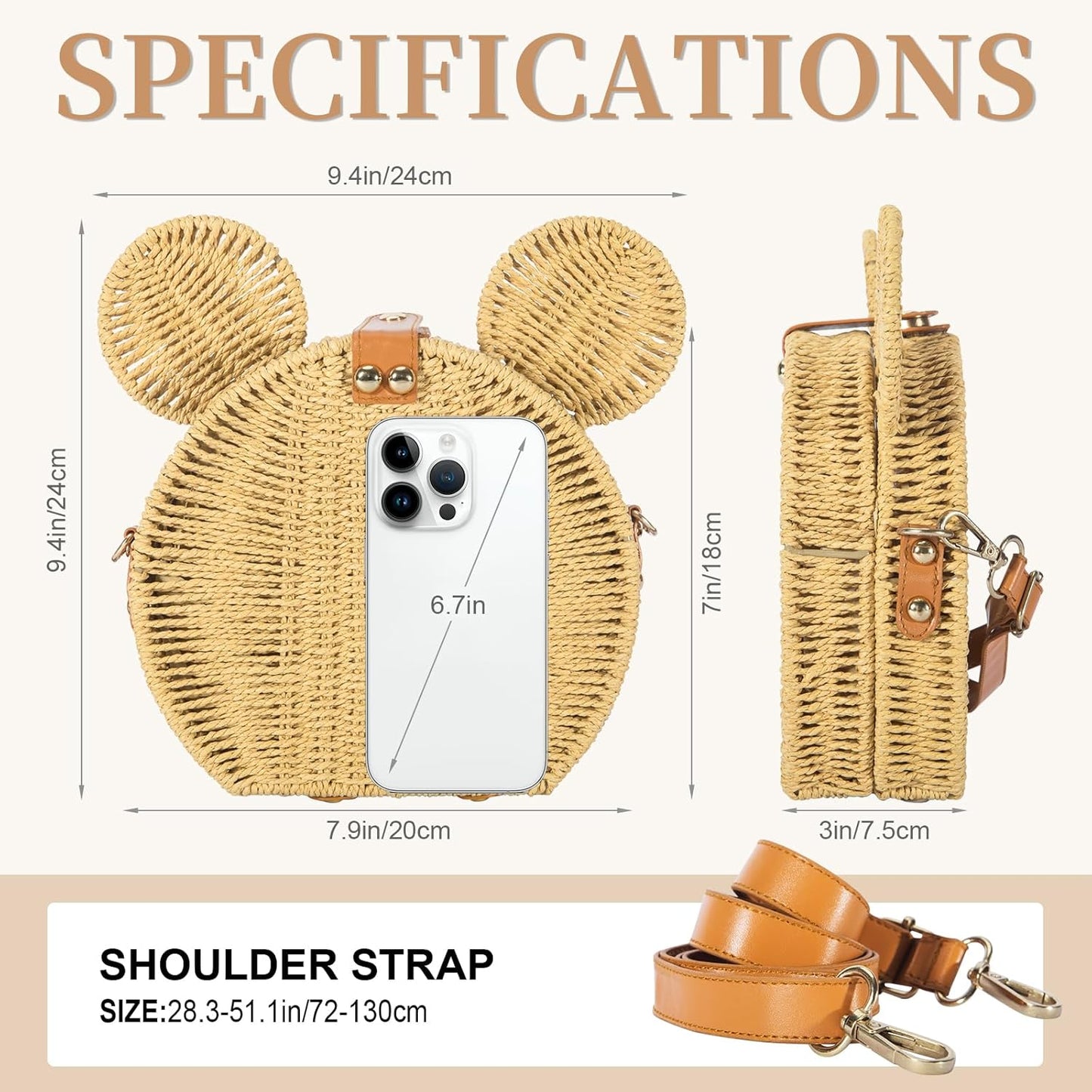 Skiennix Round Rattan Straw Bag - Handmade Wicker Purse with Cute Mouse Ears | Crossbody Shoulder Bag