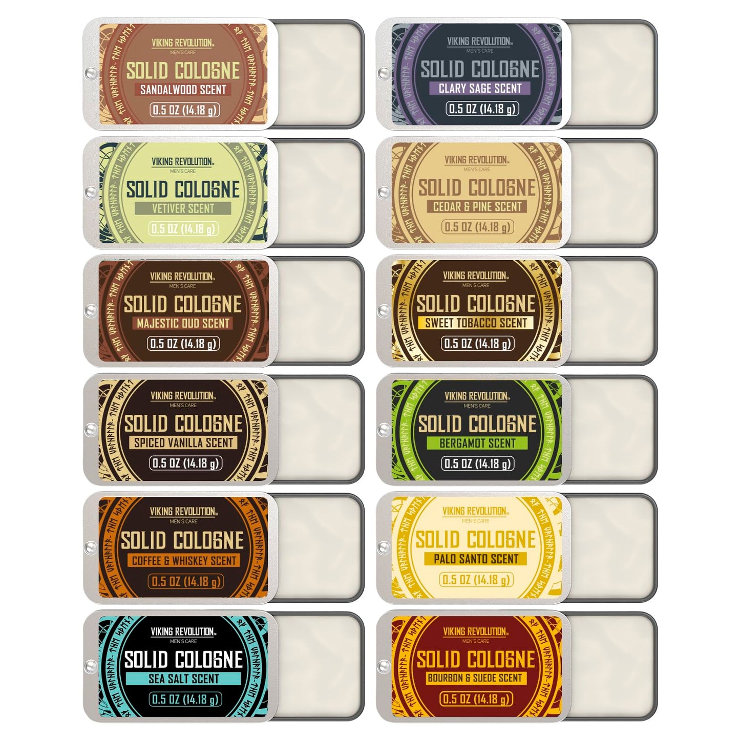 Viking Revolution Solid Cologne 12pk for Men - Men's Cologne Gift Set with Sandalwood, Vetiver, Palo Santo, Coffee Whiskey, Spiced Vanilla, Bourbon Suede - Travel Size Gifts for Men (0.5 Oz each)