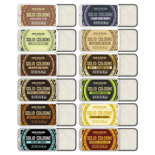 Viking Revolution Solid Cologne 12pk for Men - Men's Cologne Gift Set with Sandalwood, Vetiver, Palo Santo, Coffee Whiskey, Spiced Vanilla, Bourbon Suede - Travel Size Gifts for Men (0.5 Oz each)