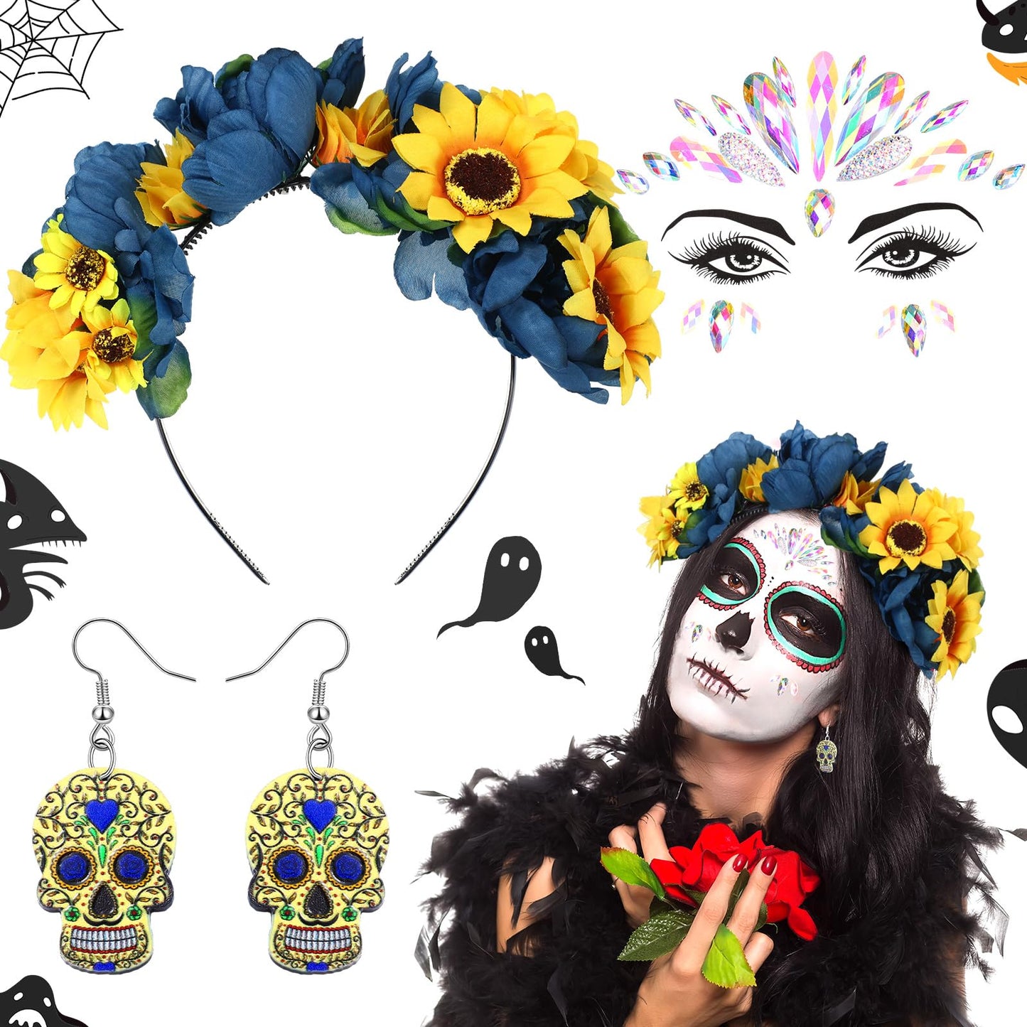 Riceshoot 3 Pcs Day of the Dead Costumes Accessories for Women Halloween Headbands Skull Earrings Gems(Yellow and Blue Hue)