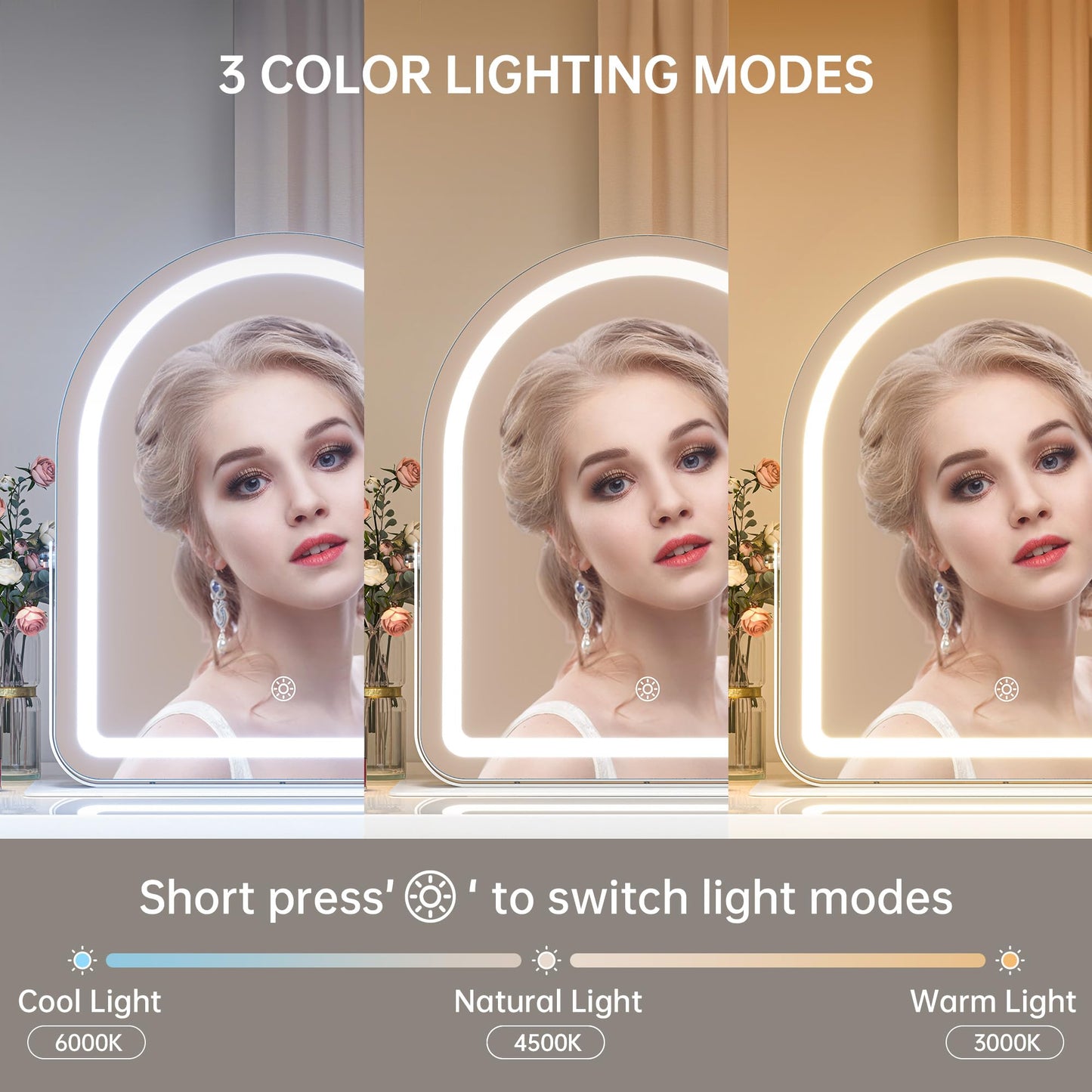 Hasipu Vanity Mirror with Lights, 12"× 13.8" Arched LED Makeup Tabletop Mirror, Lighted Makeup Mirror with Lights, Smart Touch Control Dimmable 3 Modes Light 360°Rotation White