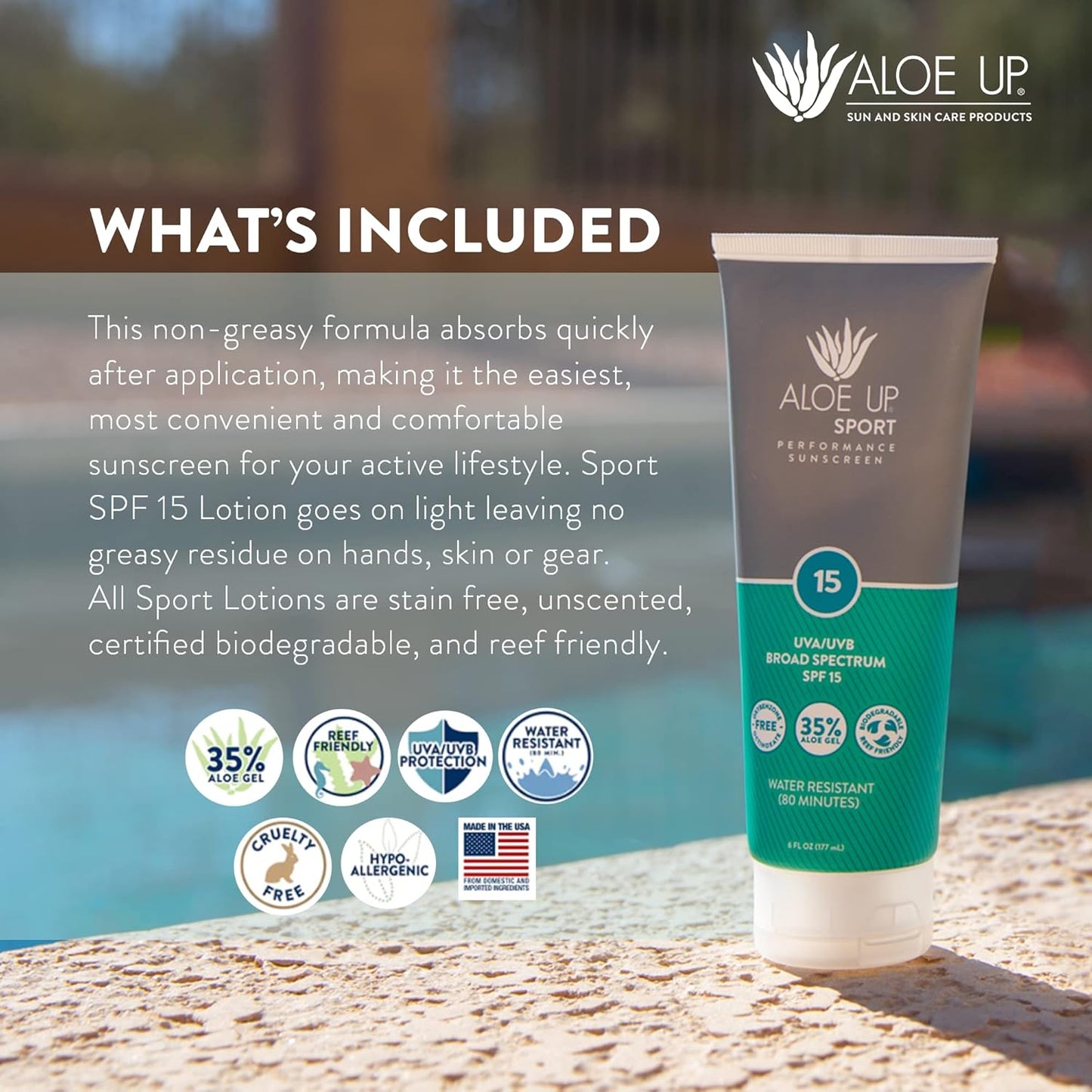 Aloe Up Sport Sunscreen Body Lotion SPF 15 | Hydrating Aloe Vera Gel, Non-Greasy, Reef Friendly - 6 Oz