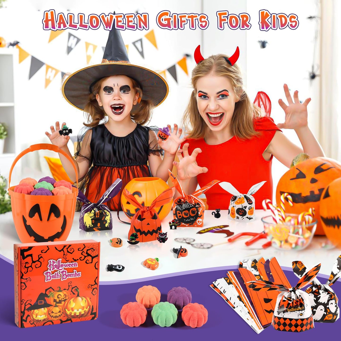 Halloween Gifts for Kids - 16pcs Halloween Bath Bombs for Kids with Halloween Toys Inside Halloween Party Favors for Kids Goodie Bag Fillers Natural Organic Bubble Bath with Spooky Pumpkin Bath Bombs