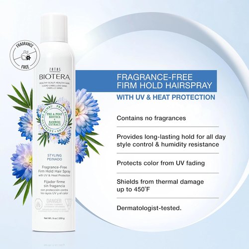 Biotera Firm Hold Hair Spray - Fragrance-Free, UV & Heat Protection | Vegan & Color-Safe | 9 Fl Oz