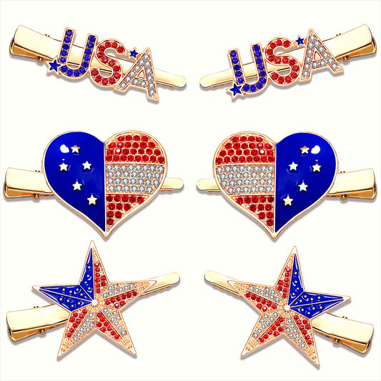 3 Pairs American Flag Hair Clips 4th of July Patriotic Hairpins for Women Rhinestone Enamel Heart Star Hair Barrettes Independence Day Hair Accessory Gifts (3 Pairs Rhinestone)