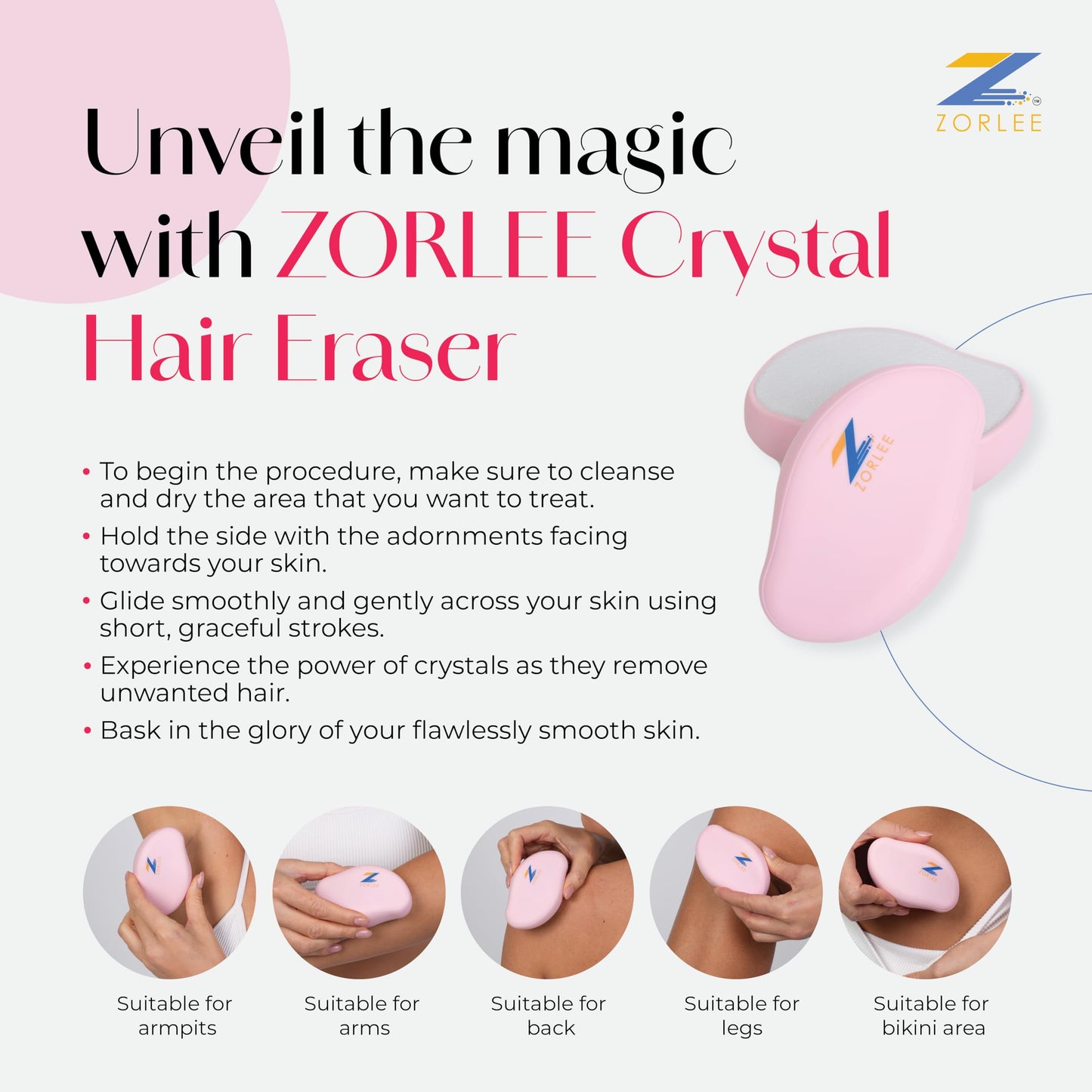 Crystal Hair Remover for Women and Men, Reusable Crystal Hair Eraser Magic Painless Exfoliation Hair Removal Tool, Magic Hair Eraser Device for Back Arms Legs (Pink)