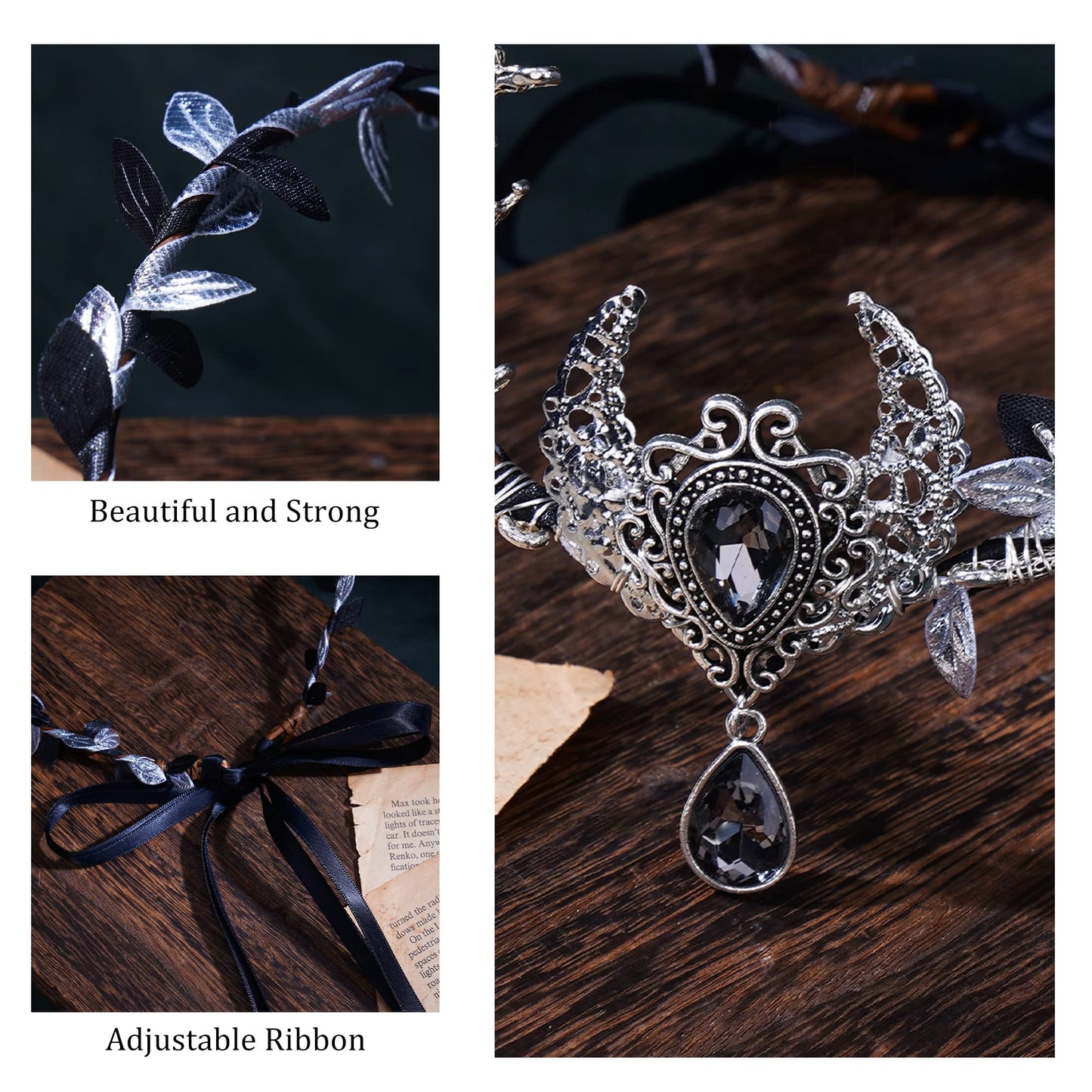 MOSTORY Handmade Silver Moon Crown - Fairy Headpiece Woodland Elf Circlet Dark Forest Tiara for Witch Women Girls Renaissance Faire Halloween Cosplay