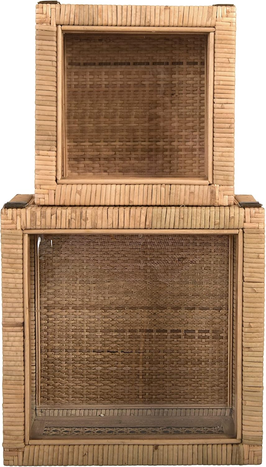 Creative Co-Op Decorative Woven Rattan & Wood Display Boxes - Set of 2 with Glass Top, Natural Finish