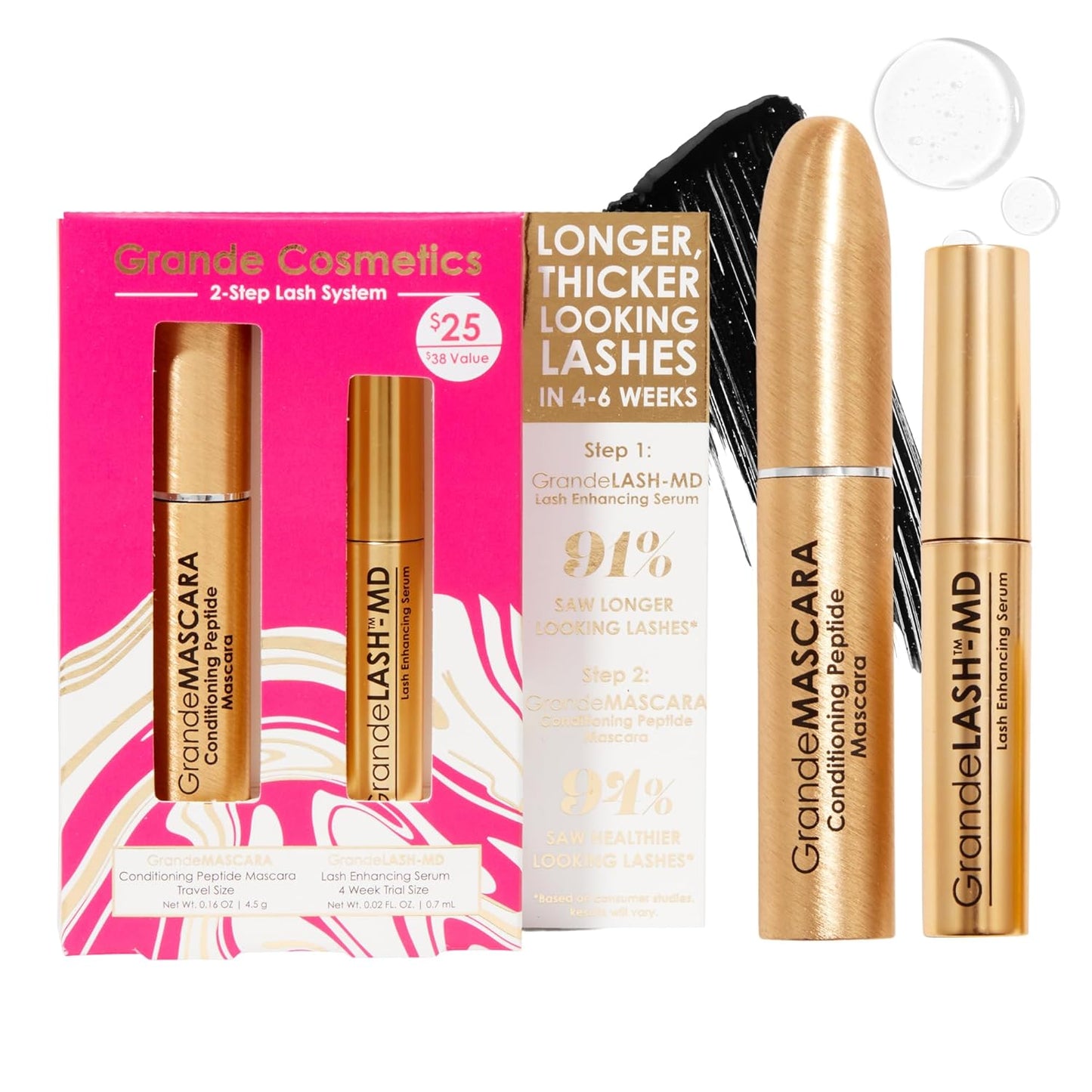 Grande Cosmetics Lash & Brow Care Systems - Multi-Step Enhancing Set for Longer, Fuller Lashes & Brows