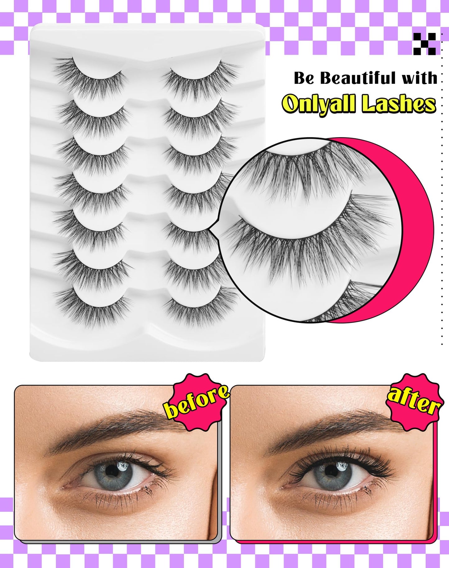 Onlyall Natural Lashes Wispy Lashes Natural Look False Eyelashes Natural Flared Eyelashes False Eye Lashes Soft Fluffy Lashes 7 Pairs D6 Volume-13mm