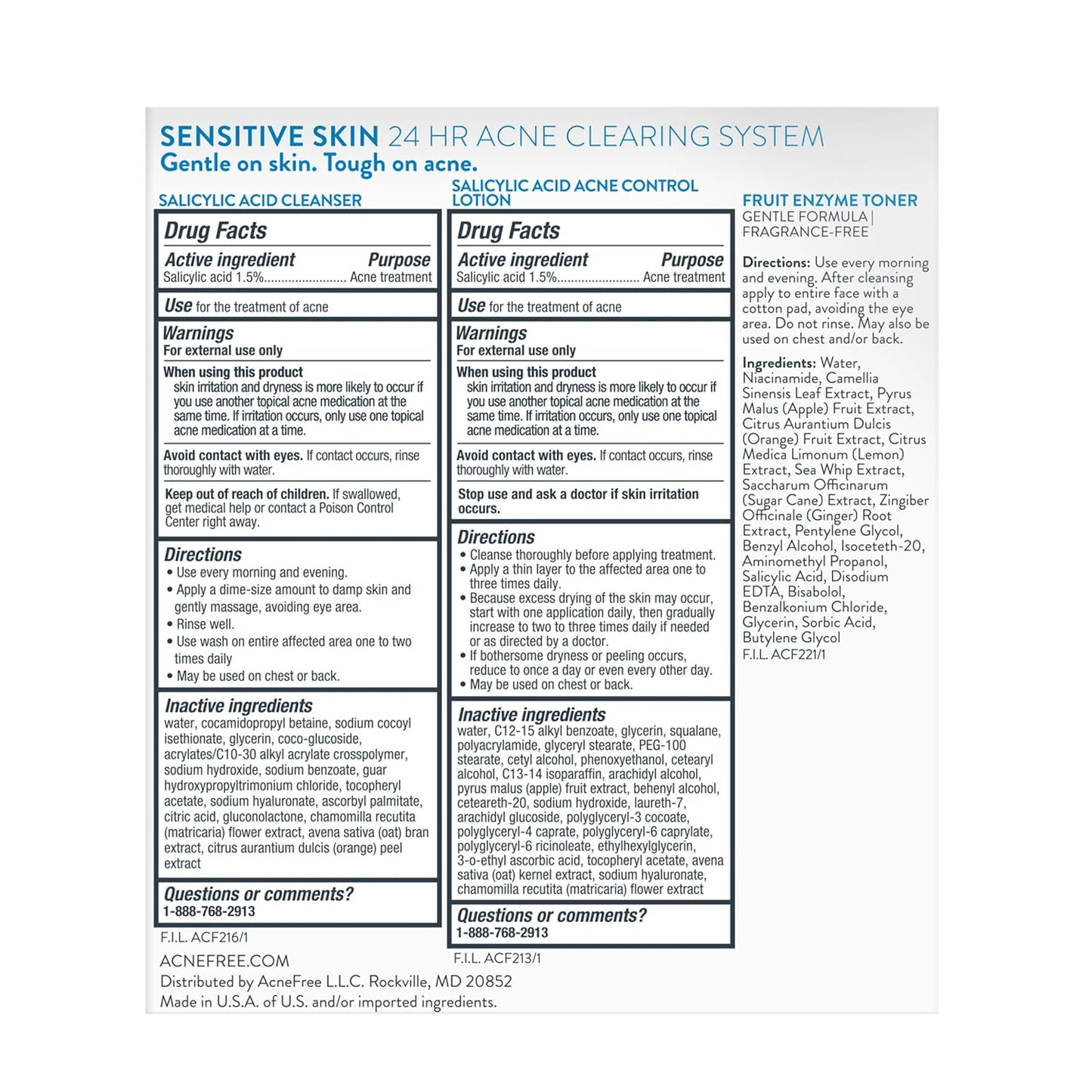 AcneFree 24Hr Acne Clearing System - 3-Step Kit with 1.5% Salicylic Acid for Sensitive Skin