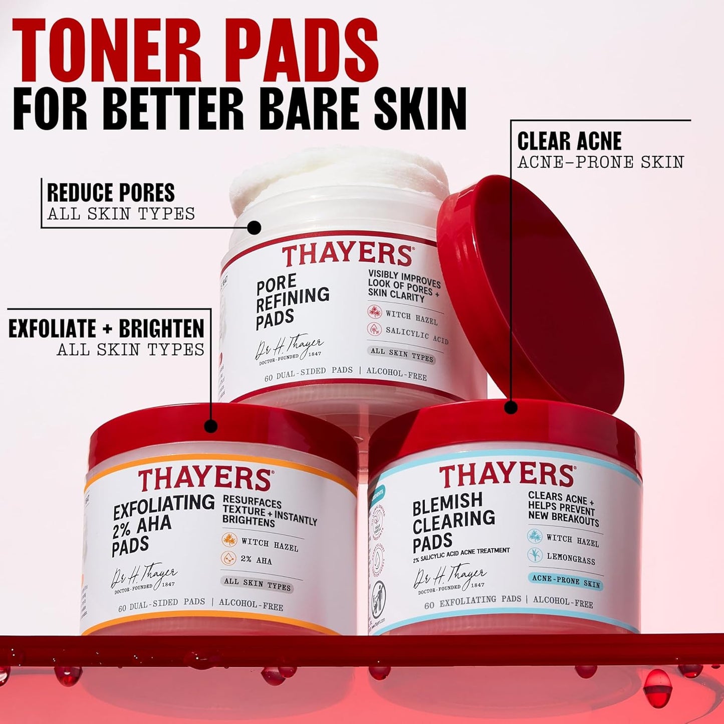 Thayers Exfoliating Toner Pads - 2% AHA with Witch Hazel & Glycolic Acid | 60 Count for All Skin Types