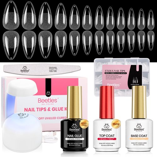 Beetles Gel Nail Kit Etch-X, Almond Medium, 288pcs 12 Sizes Nail Tips, 3Pcs 15ml HEMA-Free Nail Glue Top Coat & Base Gel Set, with Mini Lamp, Press On Nail, Long Lasting Extension DIY Set at Home