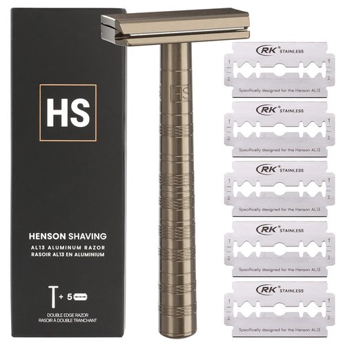 Henson Shaving Razor - Tan Double Edge Safety Razor with 5 Blades | Precision 30° Angle for Men & Women