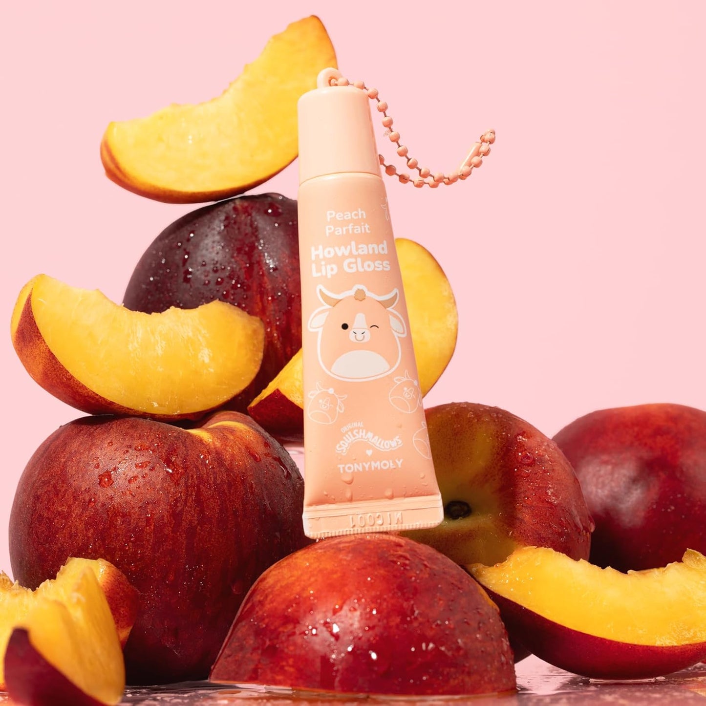 TONYMOLY Howland Keychain Lip Gloss - Hydrating Sheer Peach Tint with Jojoba Oil, 11ml