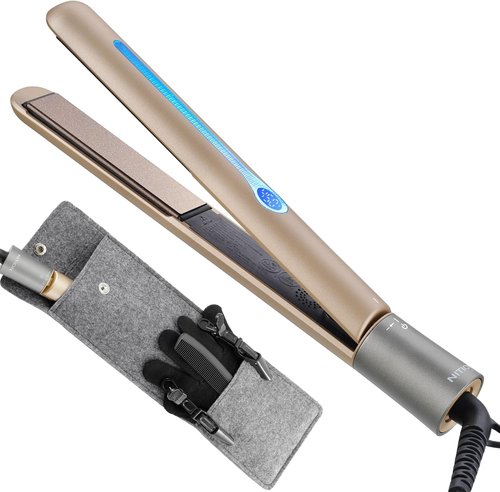 NITION Ceramic Tourmaline Hair Straightener - Fast Heating LCD Flat Iron with 3D Floating Plates | Travel Pouch Included