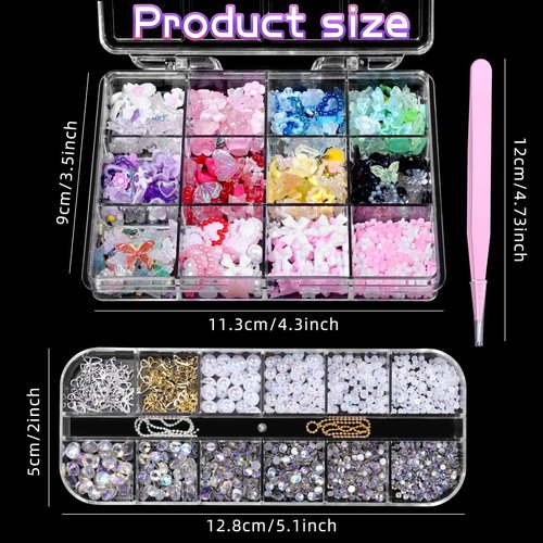 3D Nail Charms Set, Color Flower Bow Moon Heart Star Nail Art Charms, Half Round Pearl & Flatback Gems AB, Hollow Butterfly Alloy Nail Art Supplies DIY Accessories