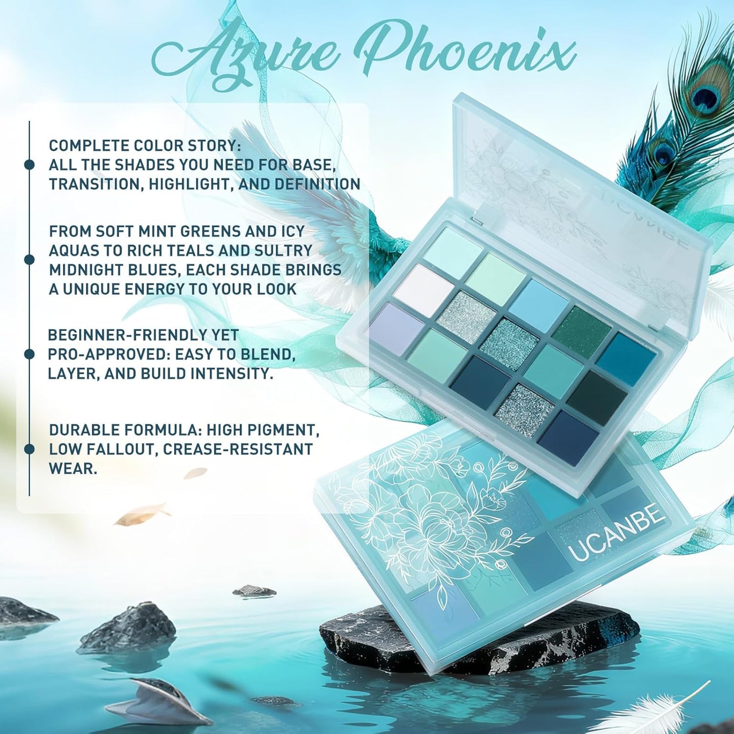 UCANBE 15 Color Eyeshadow Palette - High Pigmented Shimmer & Matte Shades | Cool Tones in White, Blue, Green, Mint, Teal, Navy